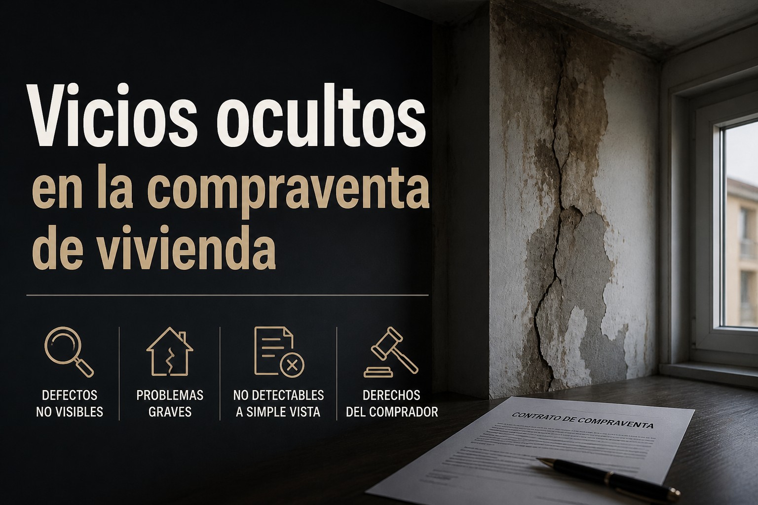 Mano señalando humedad y desperfecto en una pared, ilustrando vicios ocultos en una vivienda